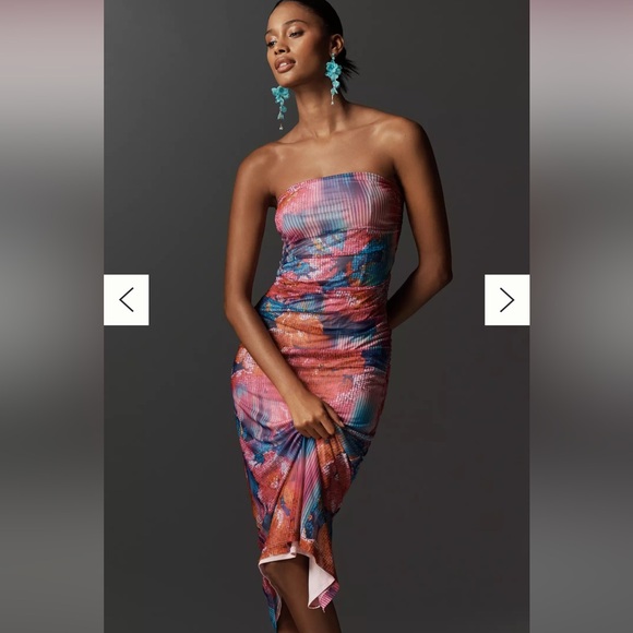 Anthropologie The Soleil Slim Strapless Ruched Mesh Dress Midi Pink Size XS NEW - Picture 4 of 14